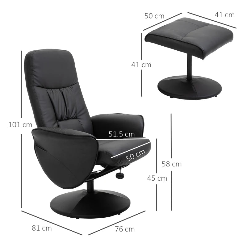 Stylish Swivel Recliner Chair with Footstool in Black PU Leather for Living Room Comfort