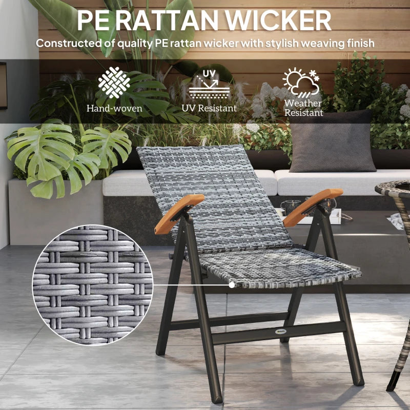 Folding Rattan Garden Dining Chair - 5-Level Reclining High Back, Wood Armrests, Outdoor Patio Furniture - Light Grey