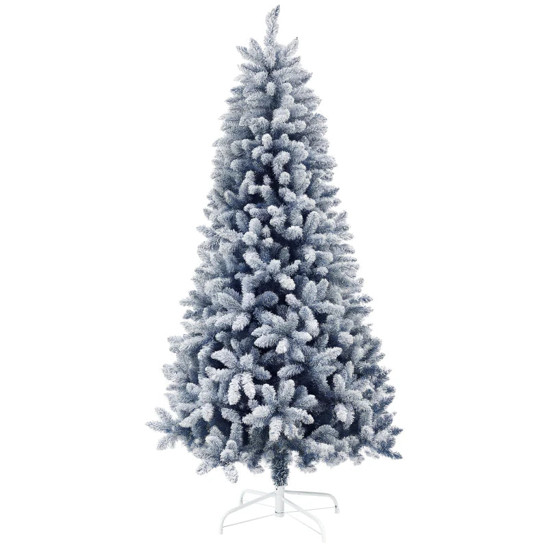 6ft Flocked Artificial Christmas Tree with 700 Snow Frosted Tips & Metal Stand - Snowy Hinged Xmas Tree in Blue