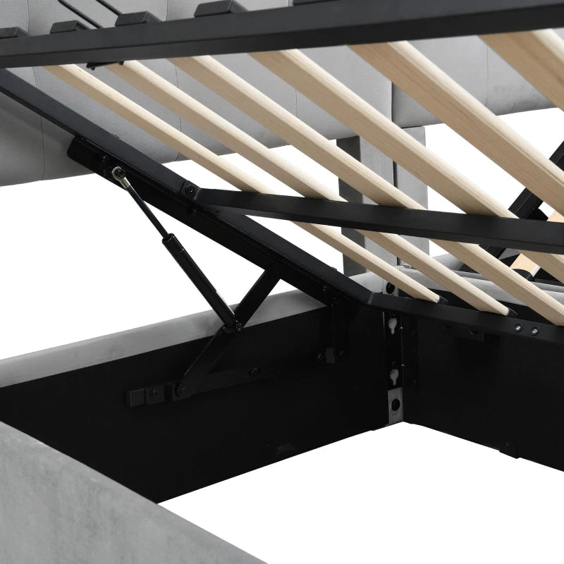 Velvet Upholstered Double Bed with Hydraulic Lift Storage Iron Frame Grey 197x181x105 cm