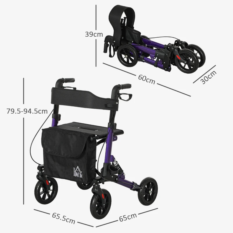 Lightweight Folding Rollator Walker with Seat and Backrest Adjustable Handle Height 4 Wheeled Walker for Seniors with Storage Bag and Dual Brakes Purple