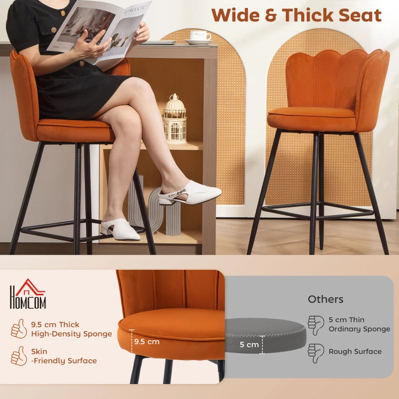 Set of 2 Orange Velvet-Feel Lotus Bar Stools - Stylish Modern Seating for Kitchen or Home Bar
