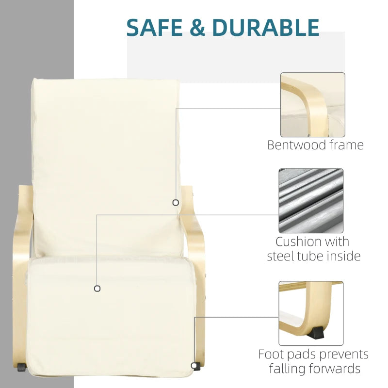 Cream White Wooden Reclining Lounge Chair with Adjustable Footrest and Removable Cushion for Deck Relaxation