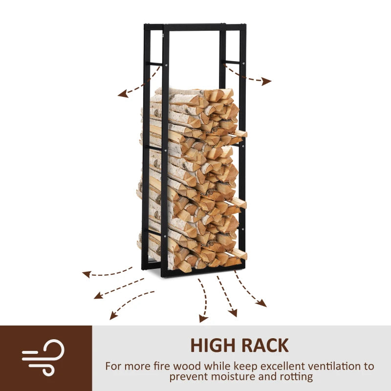 Tall Metal Firewood Log Holder Rack - Indoor/Outdoor Fireplace Wood Storage Shelf, Black, 60x25x150 cm