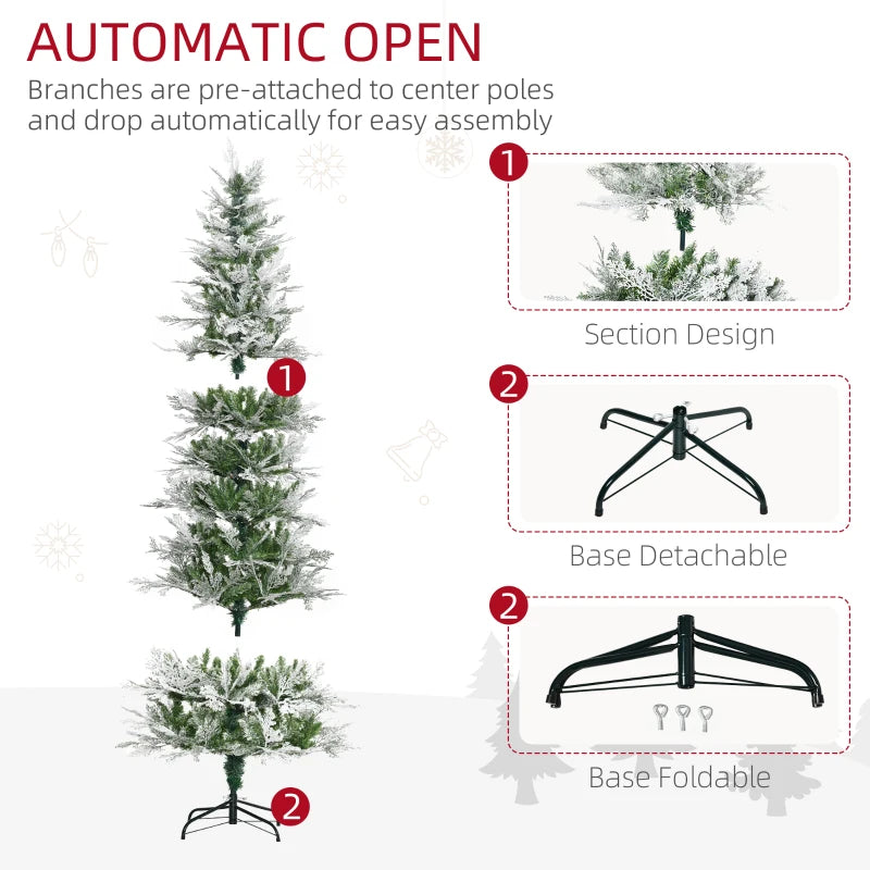7 Ft Snow Flocked Artificial Christmas Tree with Realistic Cypress Branches, Auto Open, Lush Green Holiday Decor