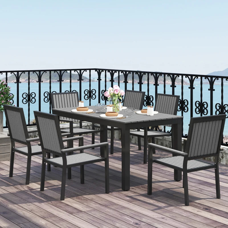 6 Seater Garden Dining Set with Stackable Chairs - Outdoor Aluminium Table & Grey Furniture