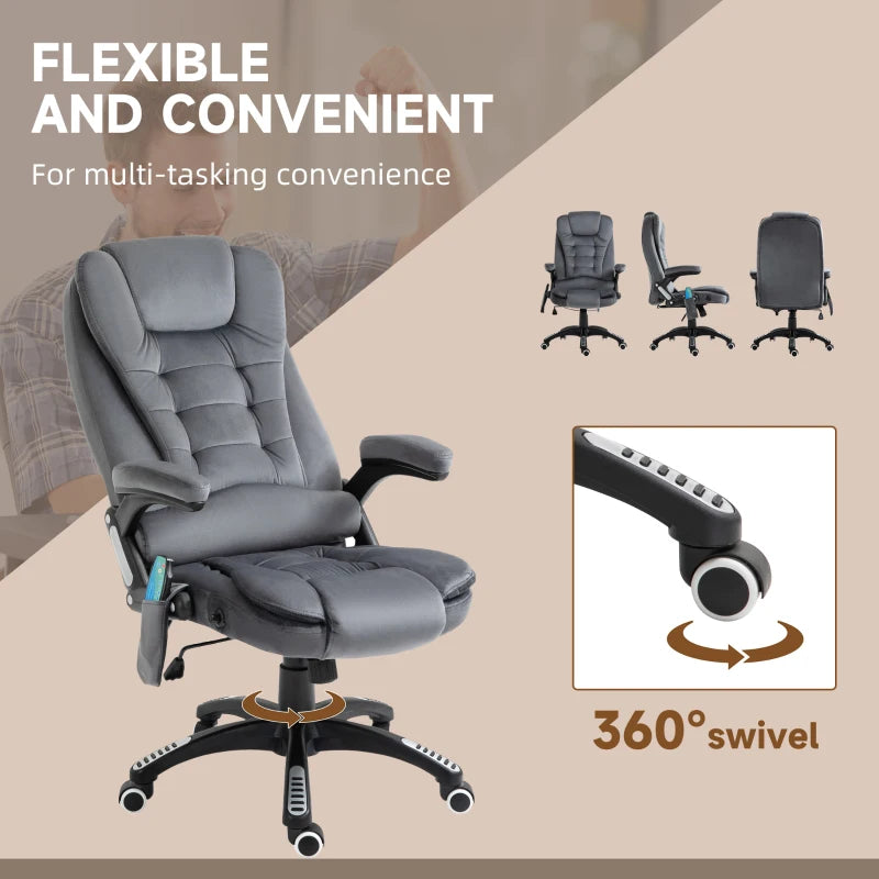 Vinsetto Heated Massage Recliner Chair - 6 Massage Points, Velvet Fabric, 360° Swivel, Grey Office Chair for Ultimate Comfort