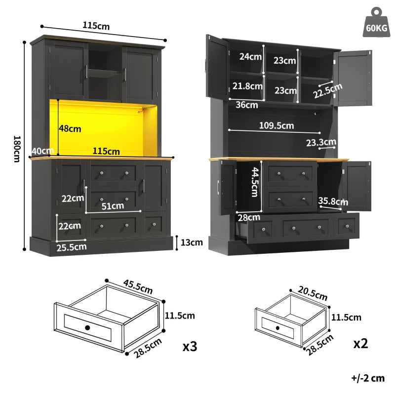 Tall Kitchen Cabinet with Open Shelf & 5 Drawers - Large Storage Cupboard for Dining Room, 115x40x180 cm, Black