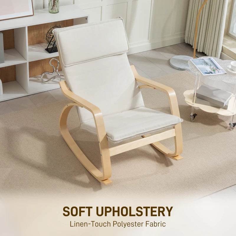 Comfortable Upholstered Rocking Chair with High Back and Headrest for Living Room and Bedroom in Cream White