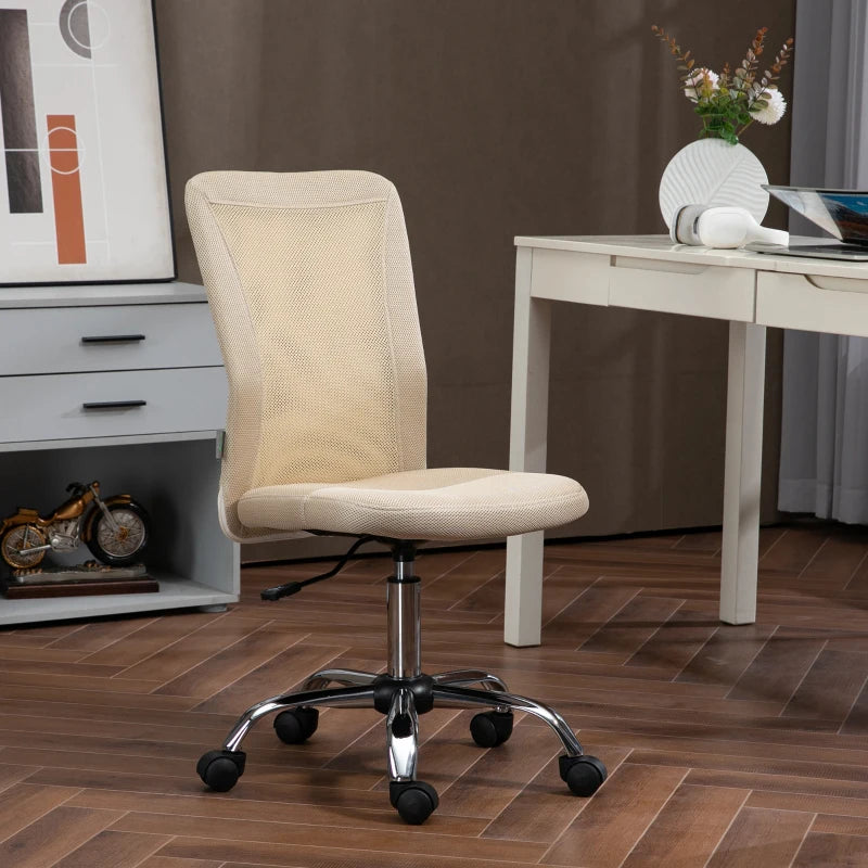 Vinsetto Beige Mesh Office Chair - Adjustable Height, Swivel Wheels, Armless Design for Home & Study - Ergonomic Comfort