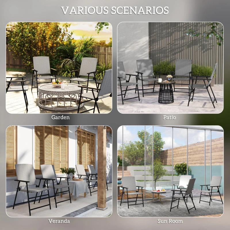 Set of Four Grey Folding Rattan Seat Chairs - Outdoor Patio Furniture
