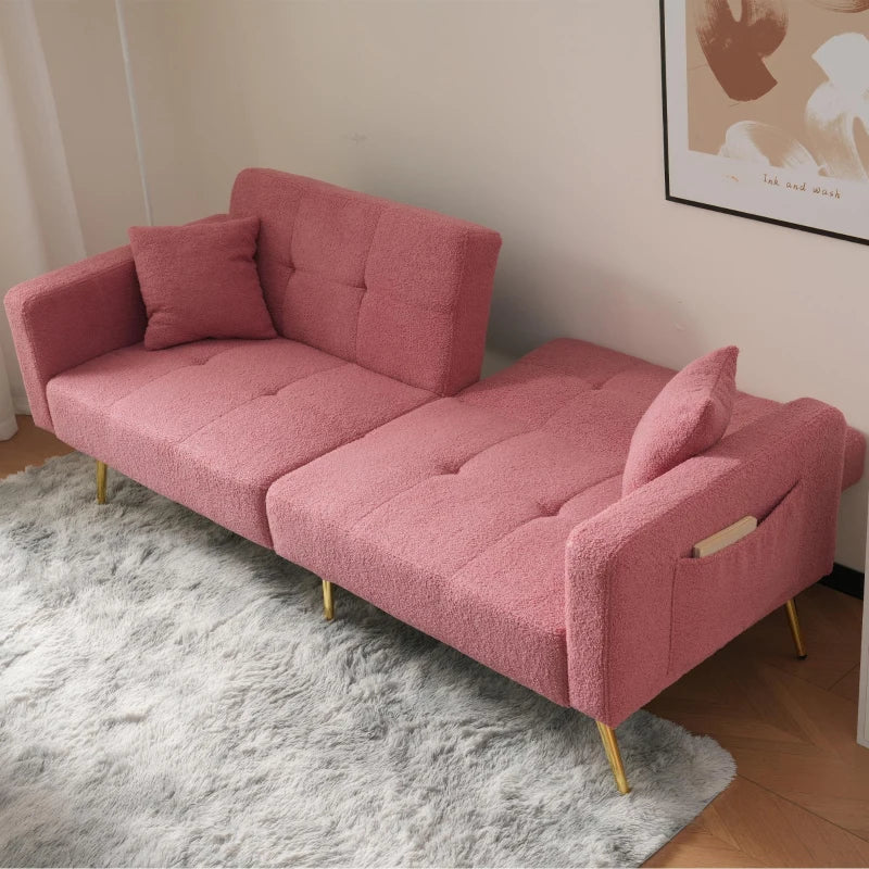 Adjustable Backrest Sofa Bed with Gold Legs and Side Pockets, Sherpa Fabric, Pink, 176L x 64W x 75H cm