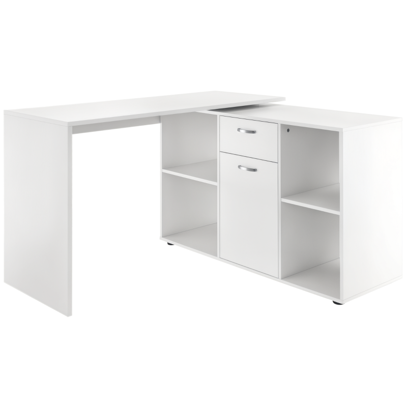 L-Shaped White Computer Desk with Storage, Drawer & Cabinet - Corner Laptop PC Workstation for Home Office, 120x115x76cm