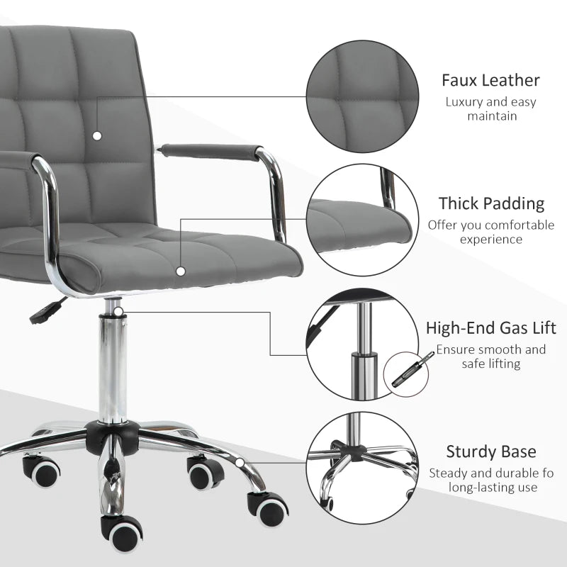 Vinsetto Grey PU Leather Office Desk Chair - Adjustable Mid Back Computer Chair with Armrests & Swivel Wheels