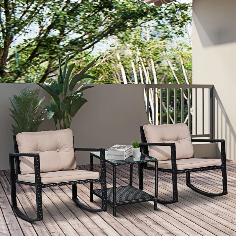Black Rattan Rocking Chair Set with Cushioned Armchairs and Coffee Table
