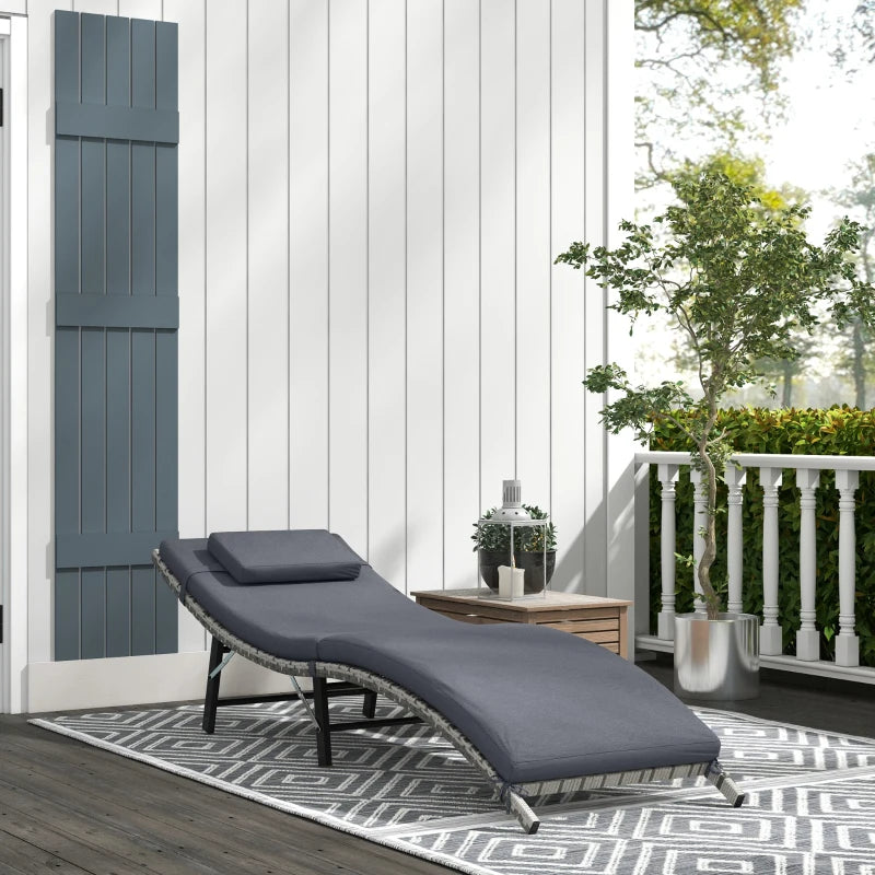 Grey Rattan Folding Sun Lounger with Cushion and Pillow