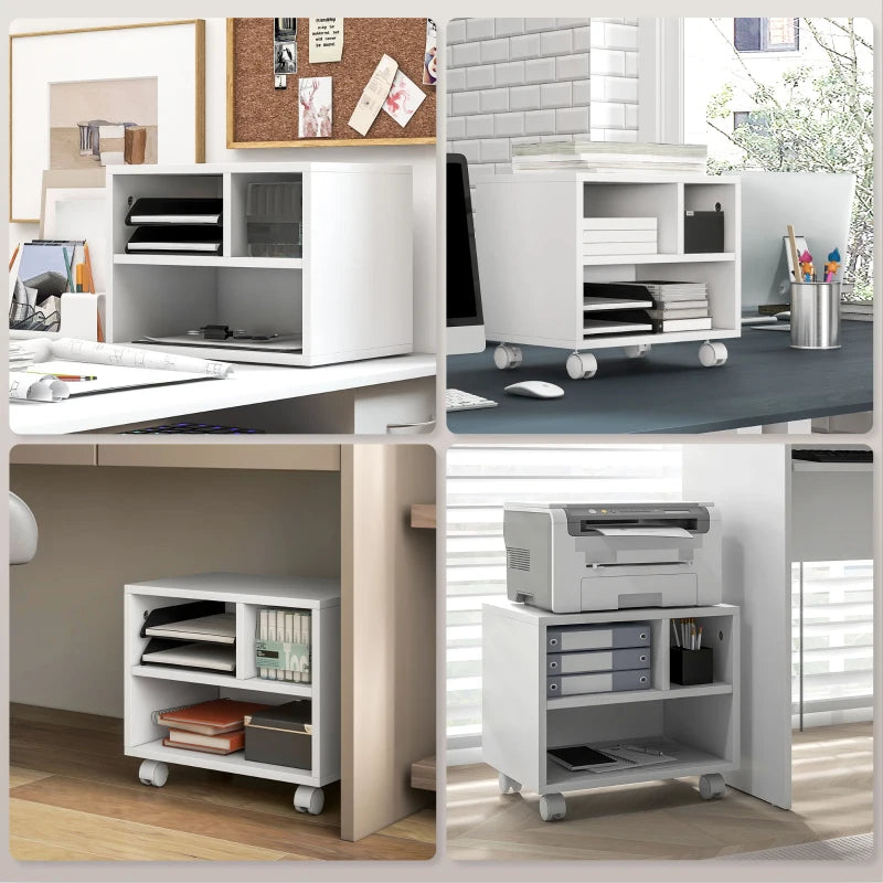 Versatile Three-Compartment Printer Cabinet on Wheels - Stylish White Storage Solution for Home Office and Workspace