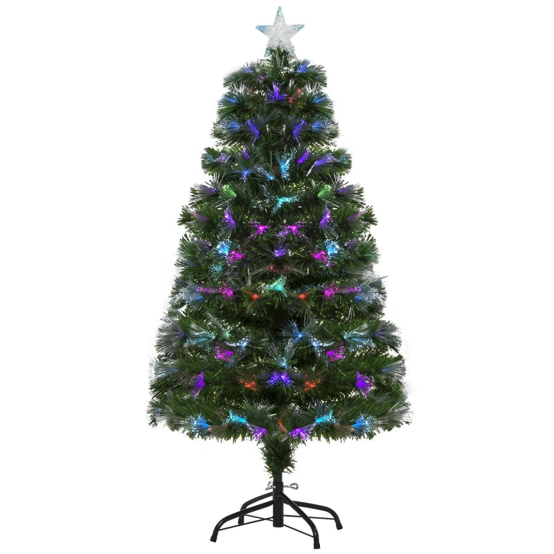 4FT Multicoloured Artificial Christmas Tree with Fibre Optic Lights, Pre-Lit Modes, Metal Stand & Star Holder - Festive Home Decoration