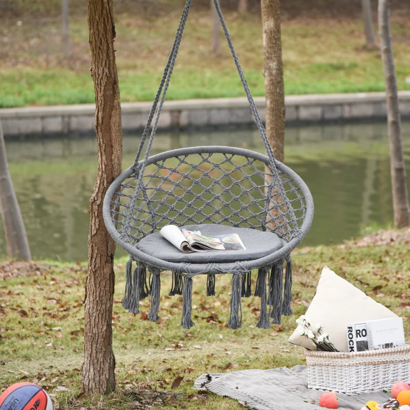 Grey Macrame Hanging Rope Chair with Cushion for Outdoor Patio
