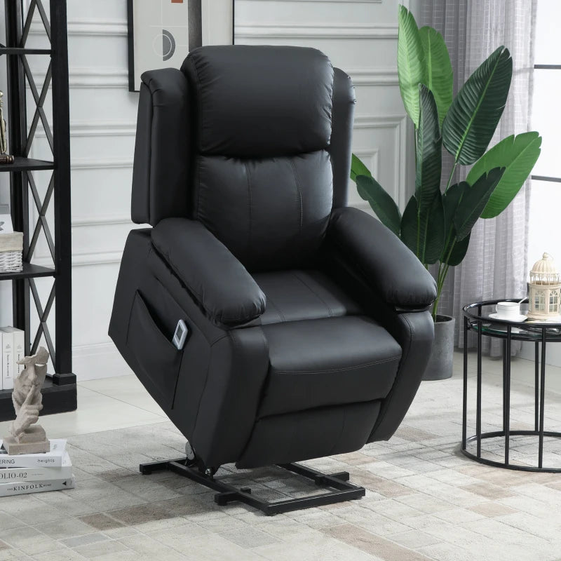 Electric Recliner Chair with Massage Function, Power Lift for Elderly, Remote Control, Extended Footrest, Dual Side Pockets, Overstuffed Design, Black