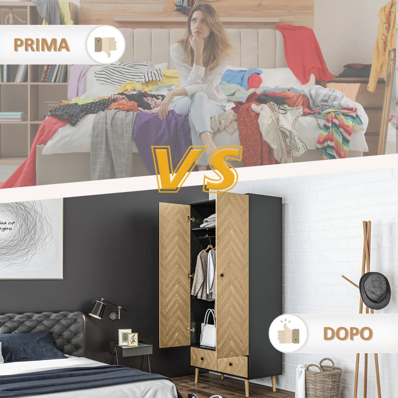 Stylish Modern Wardrobe Cabinet with Wood Grain Finish Shelf Hanging Rod and Drawers 90x50x190cm