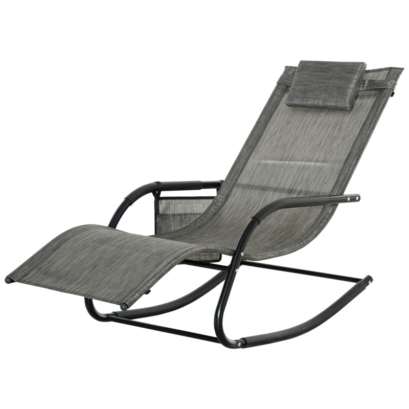 Dark Grey Outdoor Rocking Chair with Mesh Fabric and Storage Bag - Removable Headrest Pillow, Armrest & Side Storage Bag