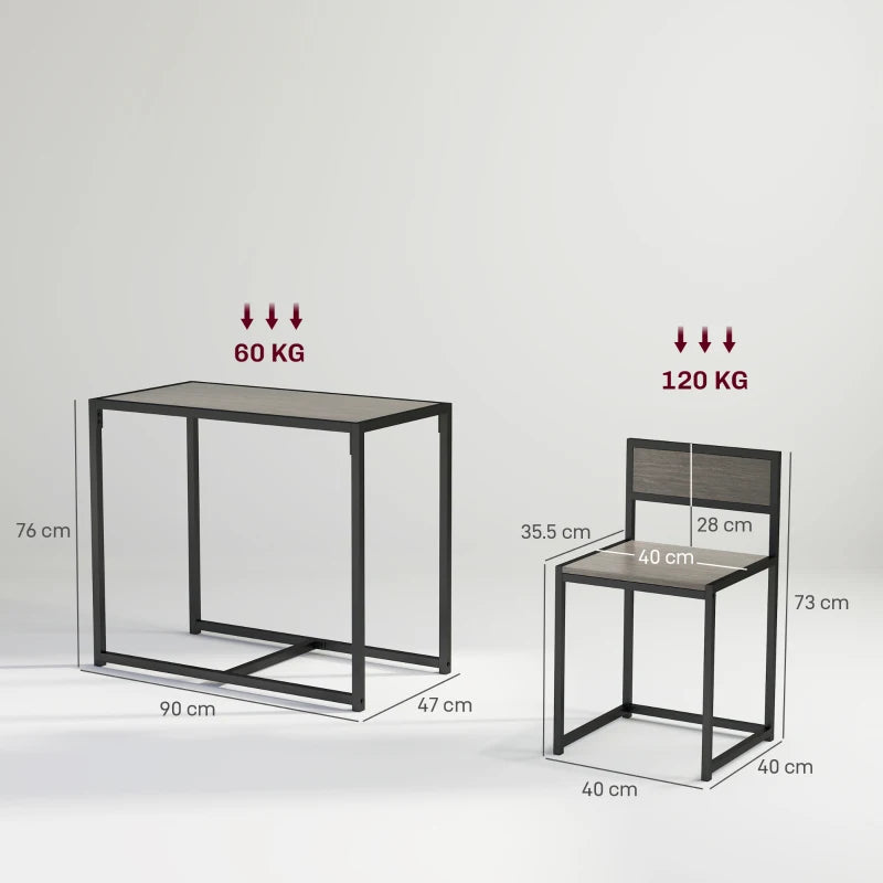 Compact Dining Table and Chairs Set for Small Spaces - Rectangular Steel Frame with Grey Wood-Effect Finish - 2-Piece Dining Room Set