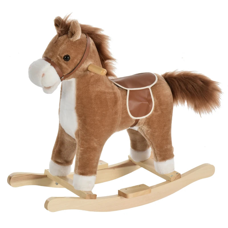 Kids Classic Rocking Horse with Moving Mouth & Neighing Sounds - Brown Plush Toy for Fun Playtime