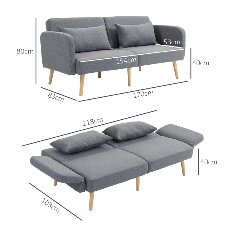 Grey Two-Seater Click-Clack Sofa Bed with Cushions for Space-Saving Comfort and Style