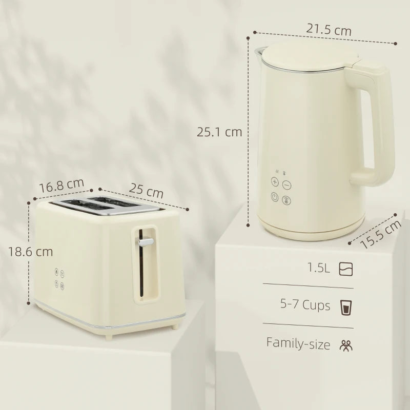 Digital Stainless Steel Kettle & Toaster Set - 1.5L Fast Boil 3000W Kettle, 2 Slice Toaster with 7 Browning Levels, Beige