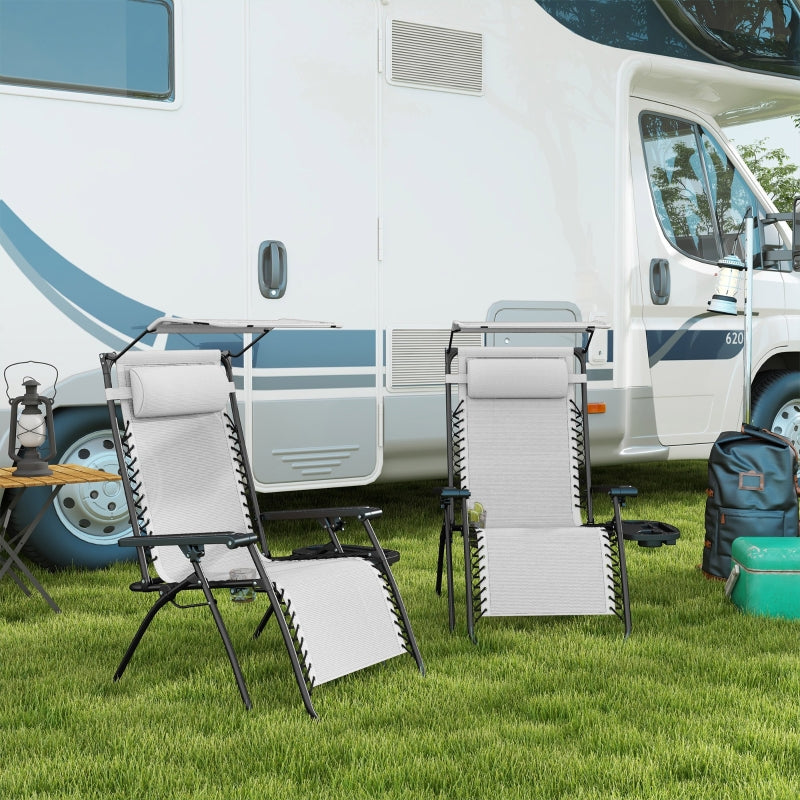 2 Piece Foldable Reclining Garden Chair Set - White Zero Gravity Deck Sun Lounger with Headrest, Footrest, Armrest, Cup Holder & Canopy Shade