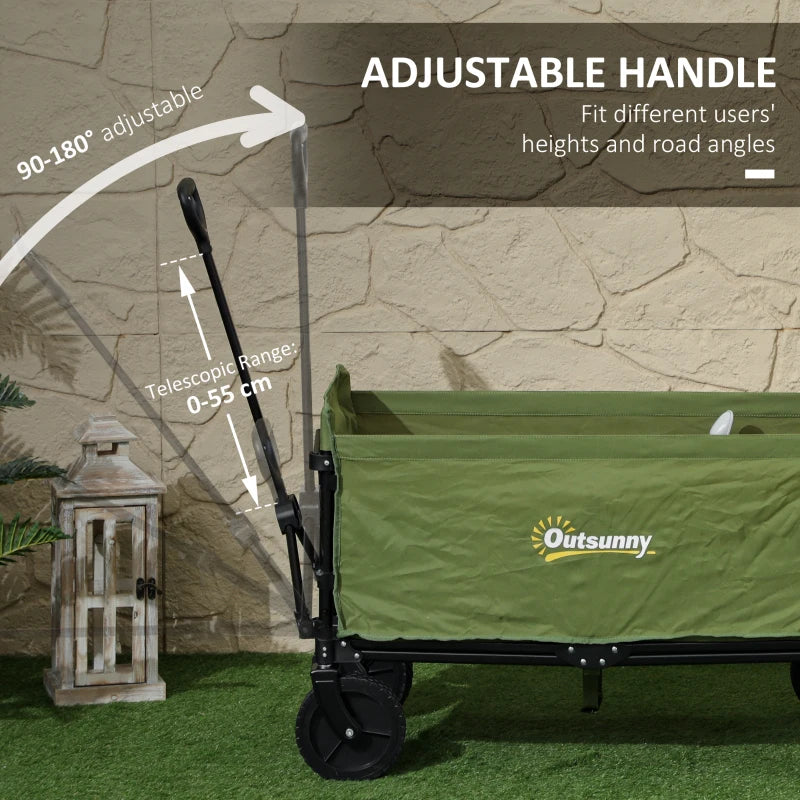 120L Folding Garden Trolley Cart - Green Outdoor Collapsible Wagon with Wheels & Adjustable Handle for Beach, Camping & Festivals