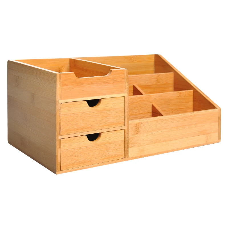 Bamboo Desk Organiser Caddy - Multi-Function Storage Holder with 7 Compartments & 2 Drawers for Home Office Supplies