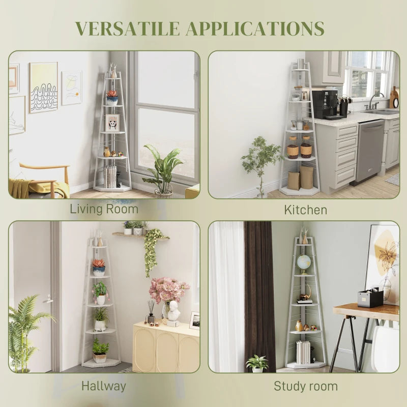 Stylish Five-Tier Corner Shelf in White - Space-Saving Storage Solution for Home Decor and Organization
