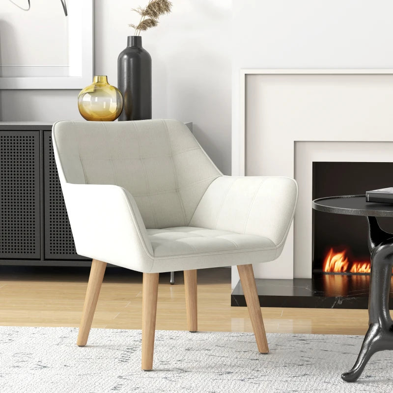 Cream White Accent Chair with Wide Arms, Slanted Back, Thick Padding and Rubber Wood Legs for Living Room