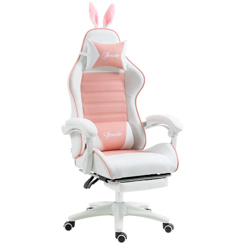 Vinsetto Pink Racing Gaming Chair - Reclining PU Leather, Removable Rabbit Ears, Footrest, Headrest & Lumbar Support