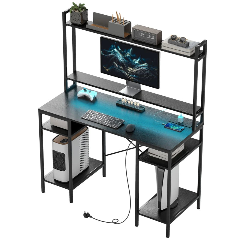 Modern Black Computer Desk with Power Outlets & LED Lights, Home Office Study Table with Monitor Stand & Storage Shelves