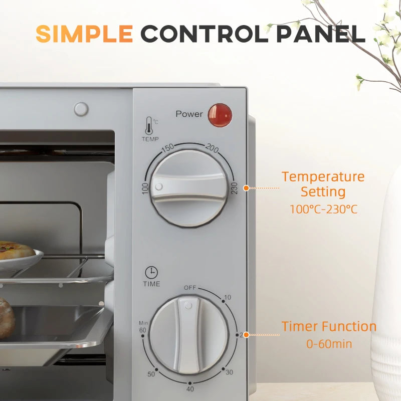 Compact 9L Mini Oven & Electric Grill - Adjustable Temp, Timer, Dishwasher Safe Tray, 750W, Silver Countertop Toaster Oven