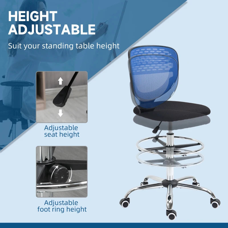 Vinsetto Dark Blue Drafting Chair - Swivel Mesh Office Chair with Adjustable Foot Ring, Armless Design for Standing Desks