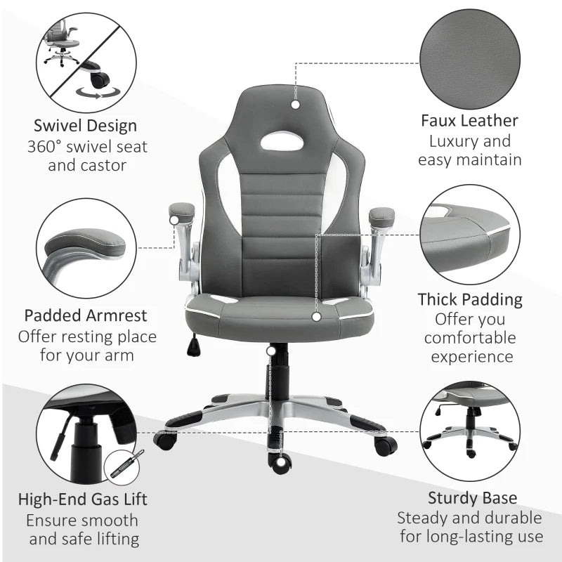 Vinsetto Grey Gaming Chair - PU Leather Office Desk Swivel Chair with Adjustable Height, 90° Flip-up Armrests & Rolling Wheels