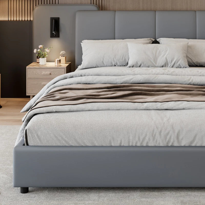 Upholstered Full-Size Double Bed with Charging Port & LED Lighting - Grey, Impact-Resistant Sponge Padding, 209L x 221W x 86.5H cm