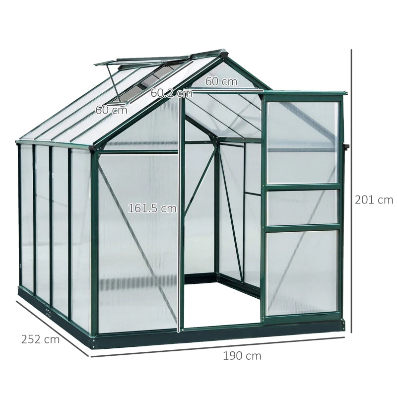Dark Green 6ft x 8ft Polycarbonate Walk-In Greenhouse with Sliding Door and Window