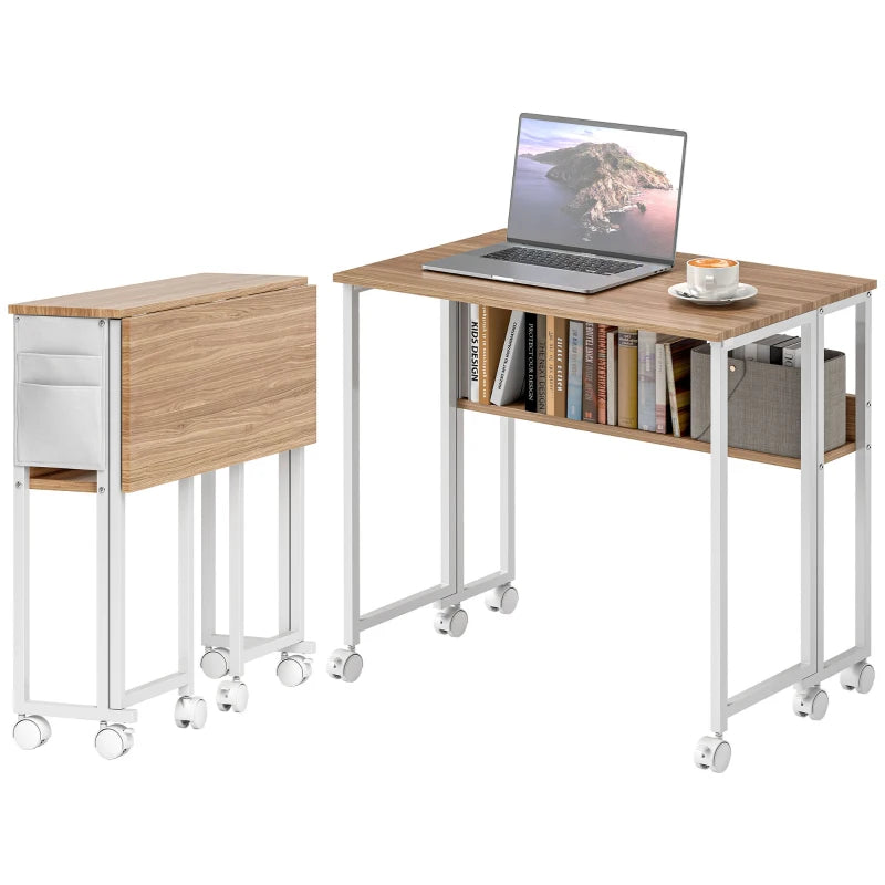 80 cm Drop Leaf Writing Desk - Natural Wood Finish, Space-Saving Home Office Table, Stylish and Functional Workstation
