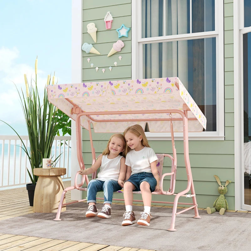 Kids Garden Swing Chair with Adjustable Canopy, Safety Belt, 2 Seater Hammock Swing Bench for Patio and Porch - Pink