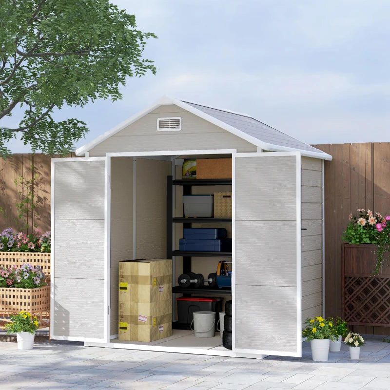 6 x 5ft Light Grey Plastic Garden Shed with Floor, Window, Lockable Doors and Vents - Wood Effect Resin Tool Storage for Outdoor Patio
