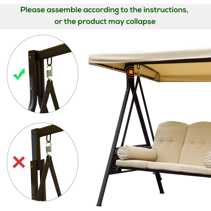 Beige 3-Seater Swing Hammock Chair with Canopy and Cushion