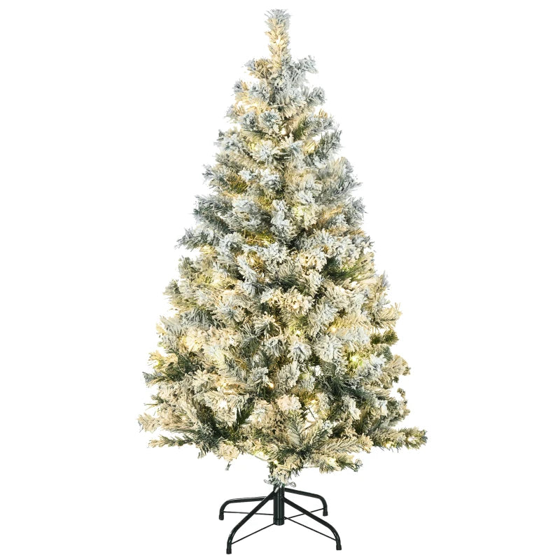 4.5' Artificial Snow Christmas Tree with Frosted Branches & LED Lights - Warm White or Colorful, Sturdy Steel Base