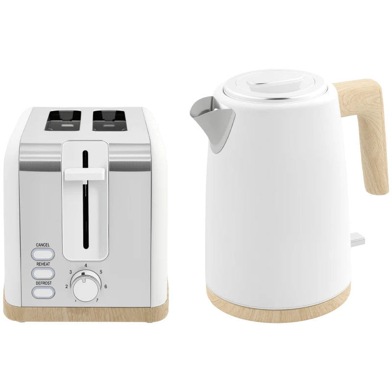 Stainless Steel Kettle & Toaster Set - 1.7L Fast Boil Kettle 3000W & 2 Slice Toaster with 7 Browning Levels, White