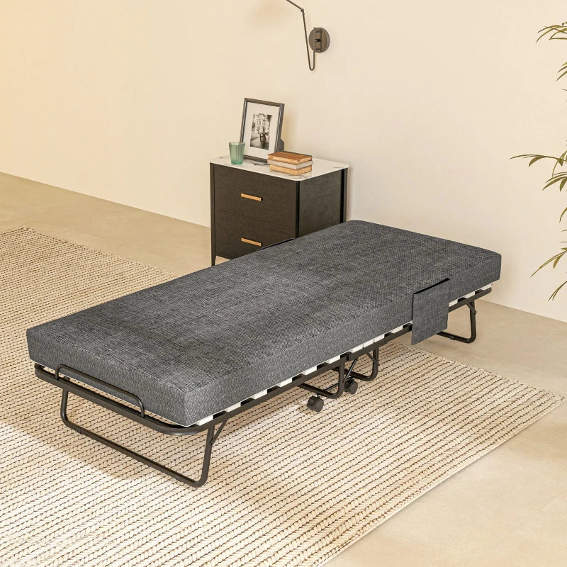 Portable Folding Bed with Wheels Steel Frame for Easy Storage and Travel Black Grey