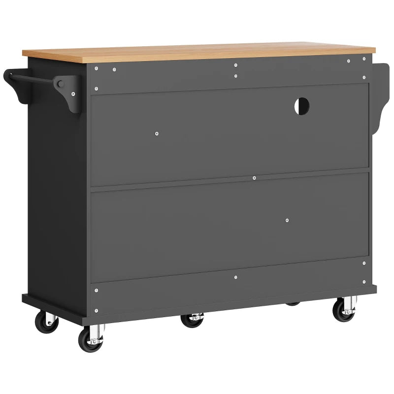 Mobile Kitchen Trolley with 5 Wheels, Drawers & Cupboards - Wooden Food Cart for Kitchen Organization, 129L x 46W x 92H cm, Black